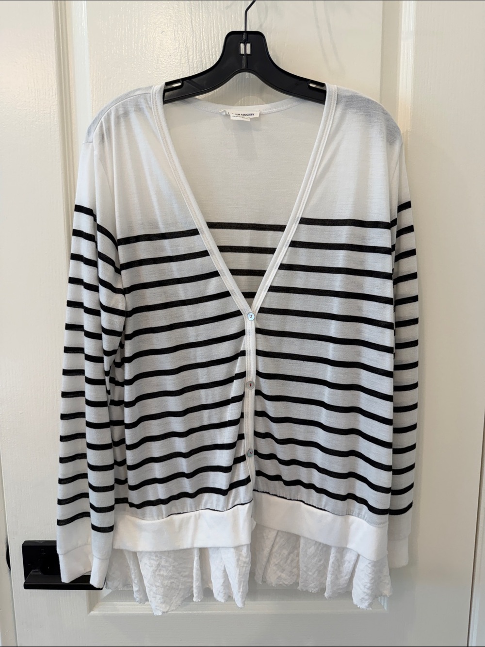 Clu + Willoughby Lightweight White Black Stripe Cardigan Ruffle Layer